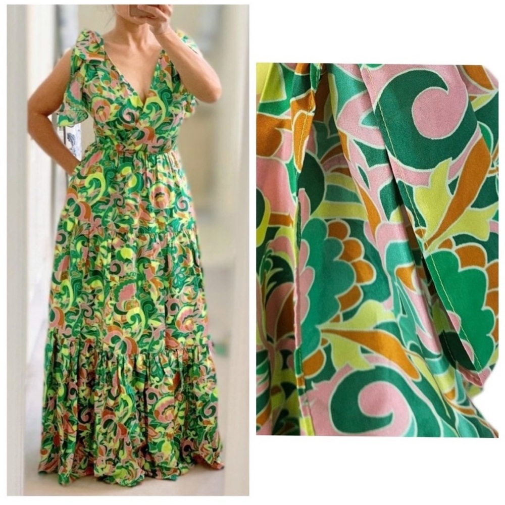 J. Crew 100% Silk Retro '60s Floral Shoulder-Tie Tiered Maxi Dress Green 4